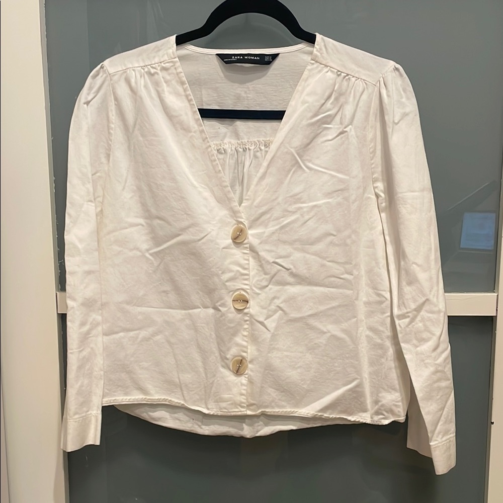 Zara Woman White Button Long Sleeve Top, Linen Top, M